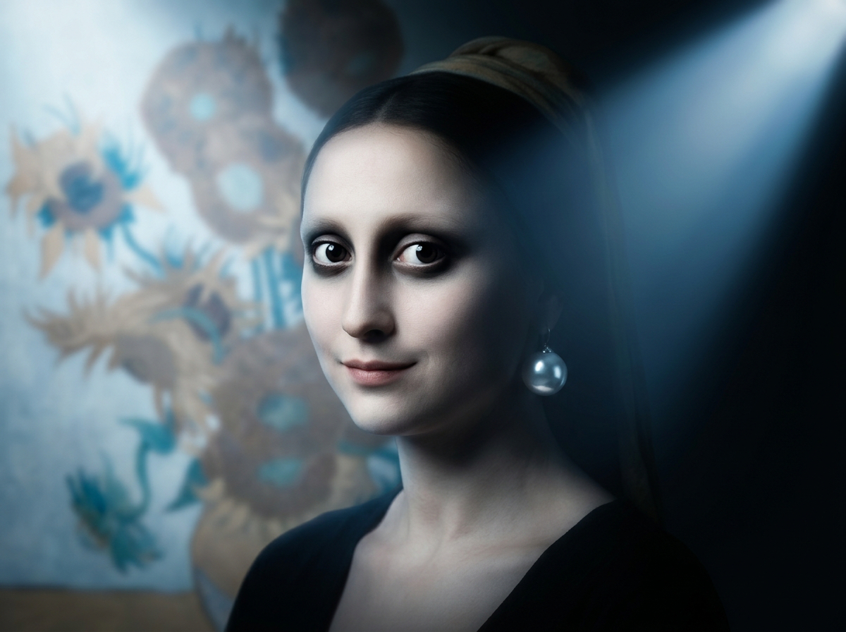 Portrait féminin composite fusionnant la Joconde de Léonard de Vinci, le Cri de Munch, la Jeune Fille à la perle de Vermeer et les Tournesols de Van Gogh en un seul visage troublant.