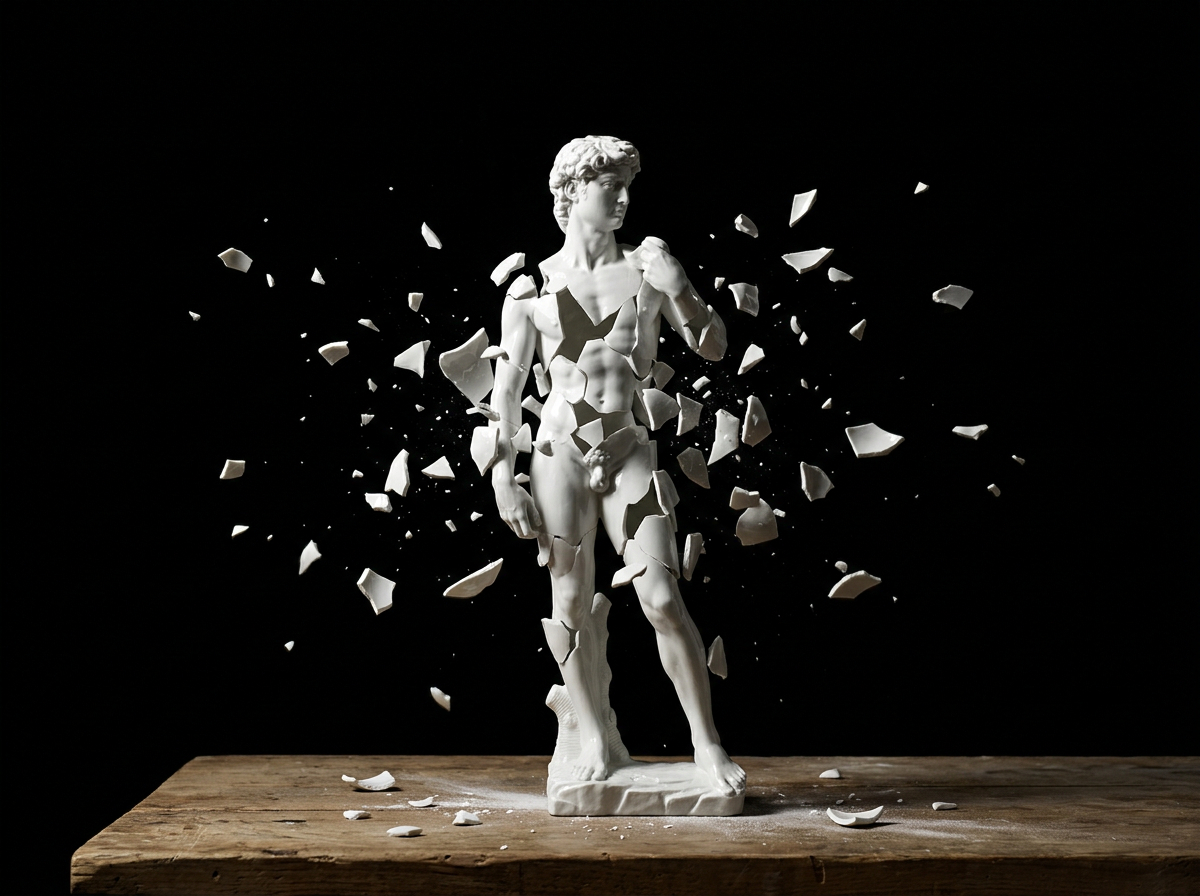 Petite figurine en porcelaine du David de Michel-Ange explosant, les fragments suspendus dans l'air.