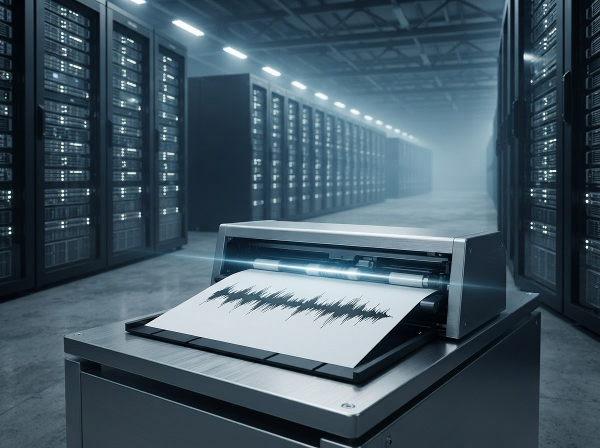Illustration symbolique d'une forme d'onde en train de scanner une ambiance de data center