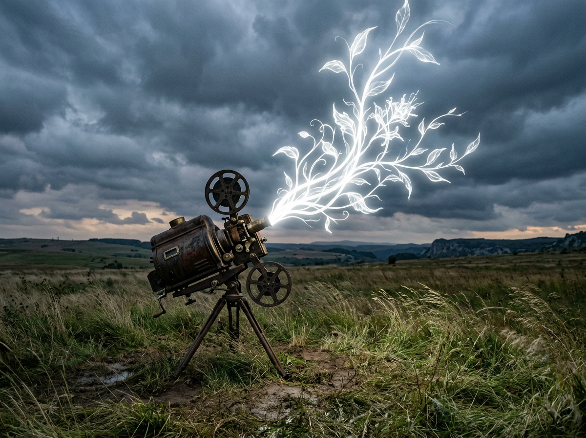 Photo réaliste d'une caméra projetant, en rayon lumineux, l'image d'une plante